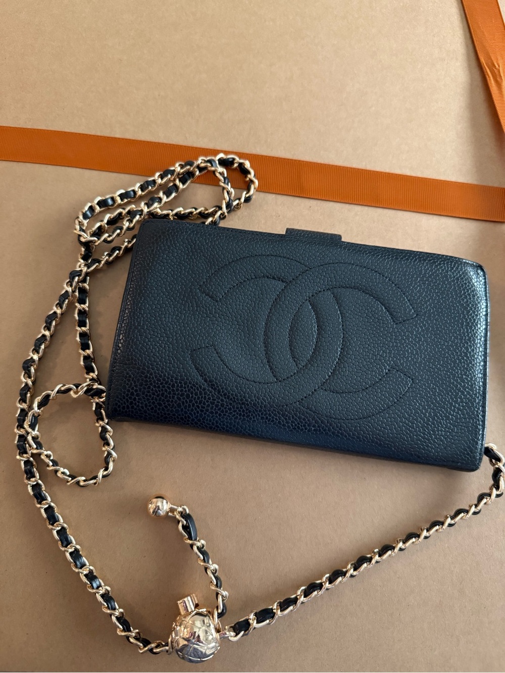 Authentic CHANEL Black Quilted Caviar Leather Wallet w/ Gold-Tone Chain